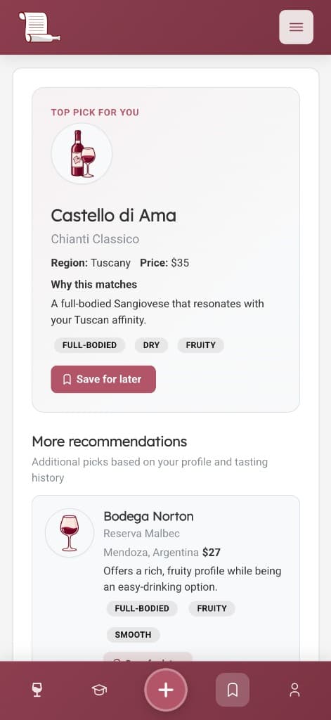 Somm Scribe mobile view of personalized AI recommendations showing top pick Castello di Ama Chianti Classico