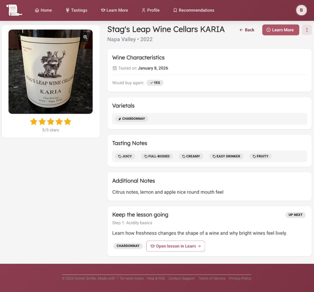 Somm Scribe individual tasting entry showing Stag's Leap KARIA Chardonnay with tasting notes and education module